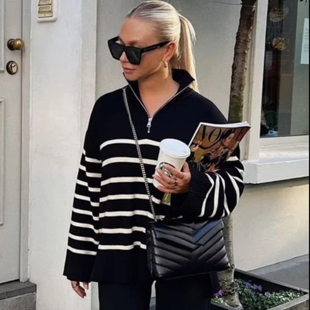Zara Quarter Zip Stripe Sweater NEW